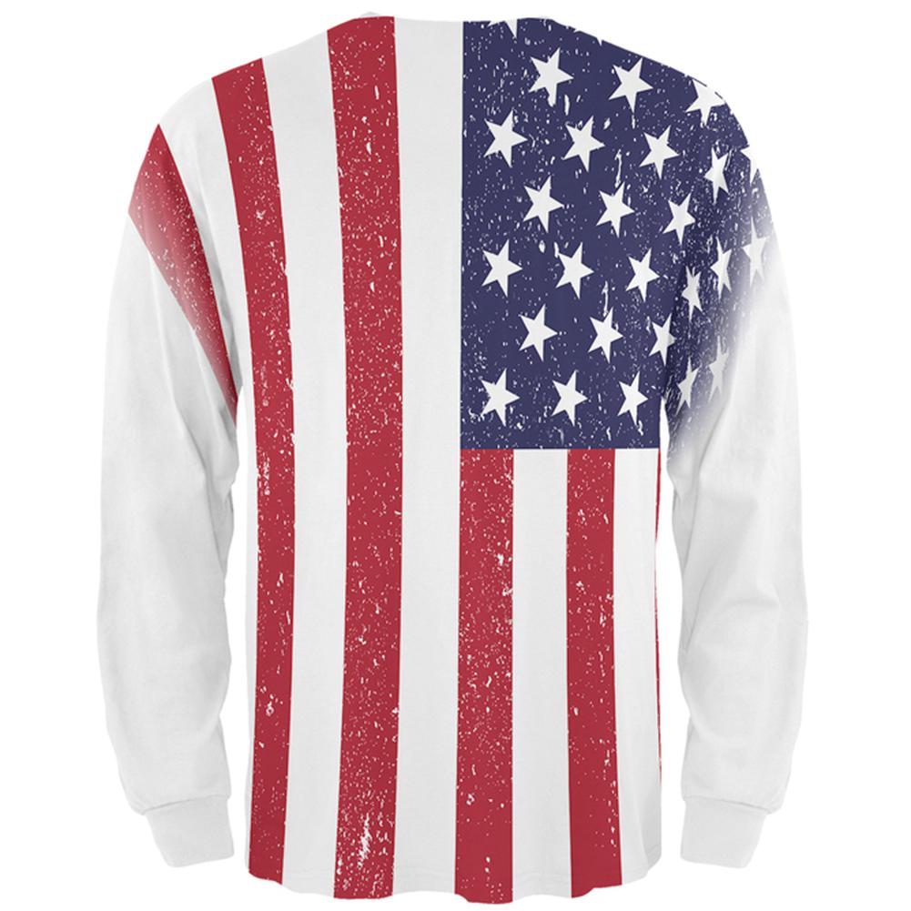 4th of July American Flag Distressed All Over Mens Long Sleeve T Shirt Men's Long Sleeves Old Glory   