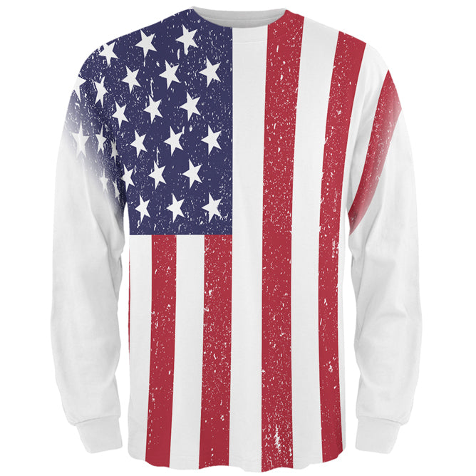 4th of July American Flag Distressed All Over Mens Long Sleeve T Shirt Men's Long Sleeves Old Glory 2XL White 