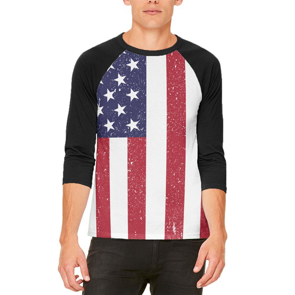 4th of July American Flag Distressed Mens Raglan T Shirt Men's T-Shirts Old Glory 2XL White-Black 