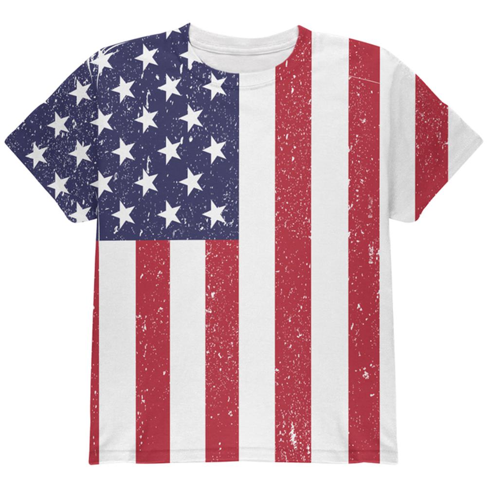 4th of July American Flag Distressed All Over Youth T Shirt Youth T-Shirts Old Glory LG Multi 