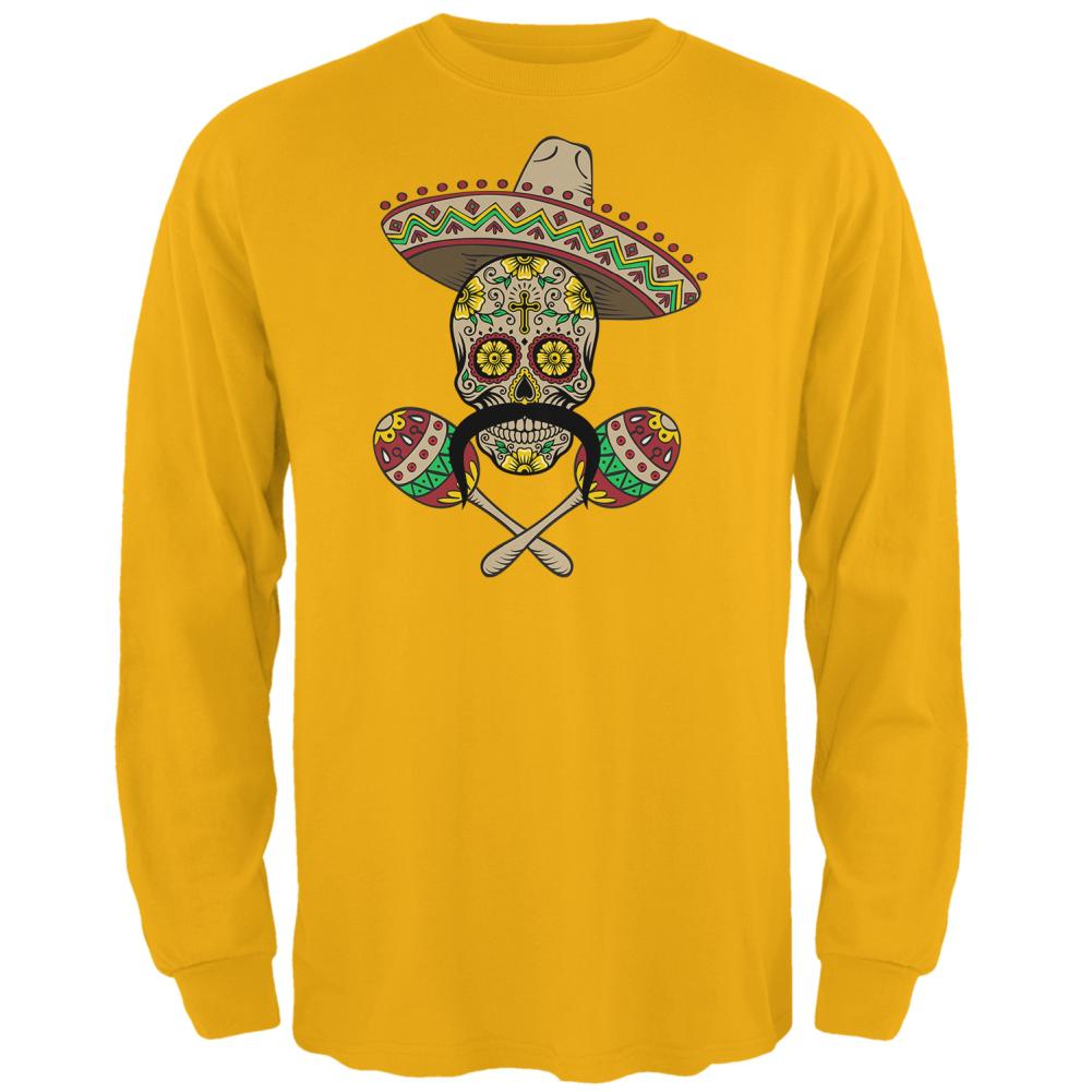 Cinco de Mayo Sombrero Skull Maracas Crossbones Mens Long Sleeve T Shirt Men's Long Sleeves Old Glory 2XL Yellow 