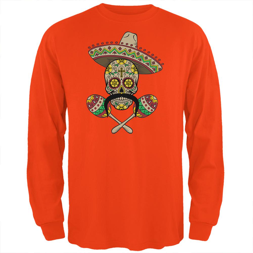 Cinco de Mayo Sombrero Skull Maracas Crossbones Mens Long Sleeve T Shirt Men's Long Sleeves Old Glory 2XL Orange 