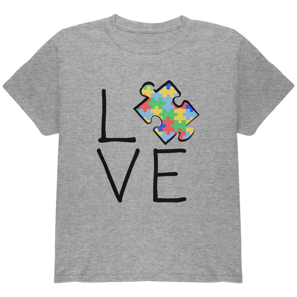 Autism Awareness Love Puzzle Piece Youth T Shirt Youth T-Shirts Old Glory LG Heather 