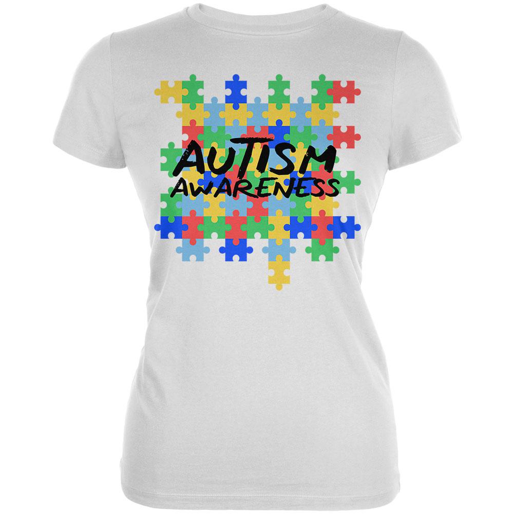 Autism Awareness Puzzle Pieces Juniors Soft T Shirt Juniors T-Shirts Old Glory 2XL White 