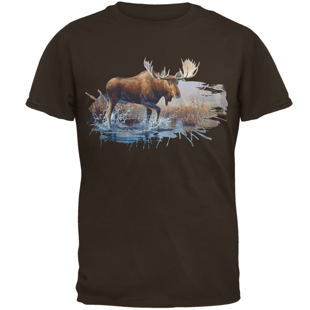 Moose Crossing the River Mens T Shirt Men's T-Shirts Old Glory 2XL Brown 