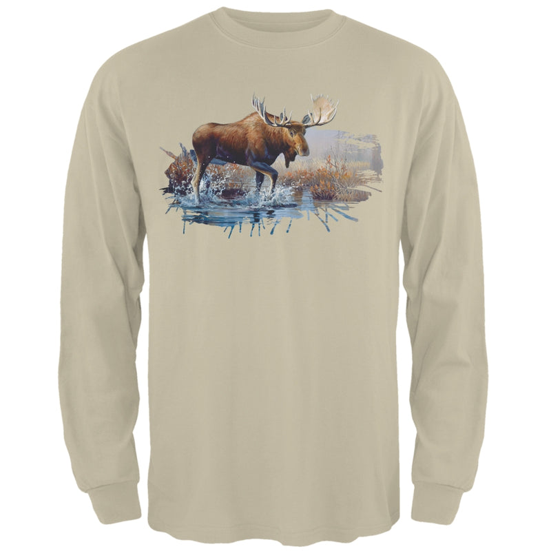 Moose Crossing the River Mens Long Sleeve T Shirt Men's Long Sleeves Old Glory 2XL Sand 