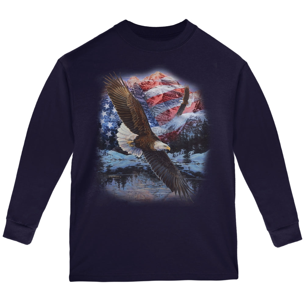 4th Of July American Flag Bald Eagle Youth Long Sleeve T Shirt Youth Long Sleeves 4th of July YLG Navy 