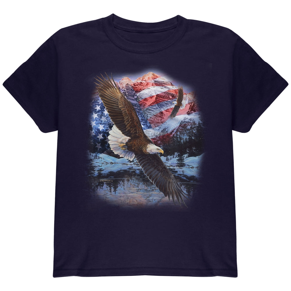 4th Of July American Flag Bald Eagle Youth T Shirt Youth T-Shirts 4th of July YLG Navy 