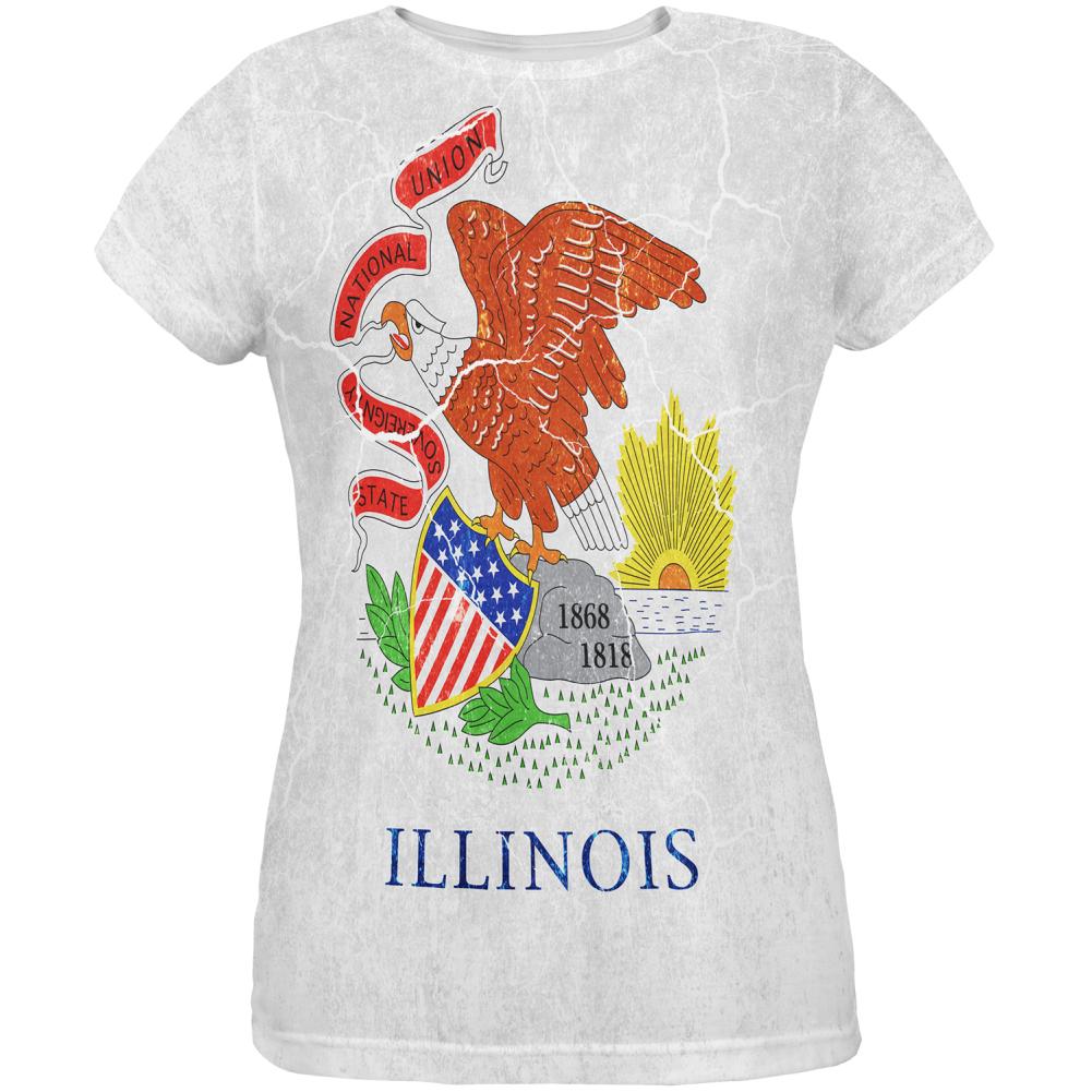 Illinois Vintage Distressed State Flag All Over Womens T Shirt Women's T-Shirts Old Glory 2XL Multi 