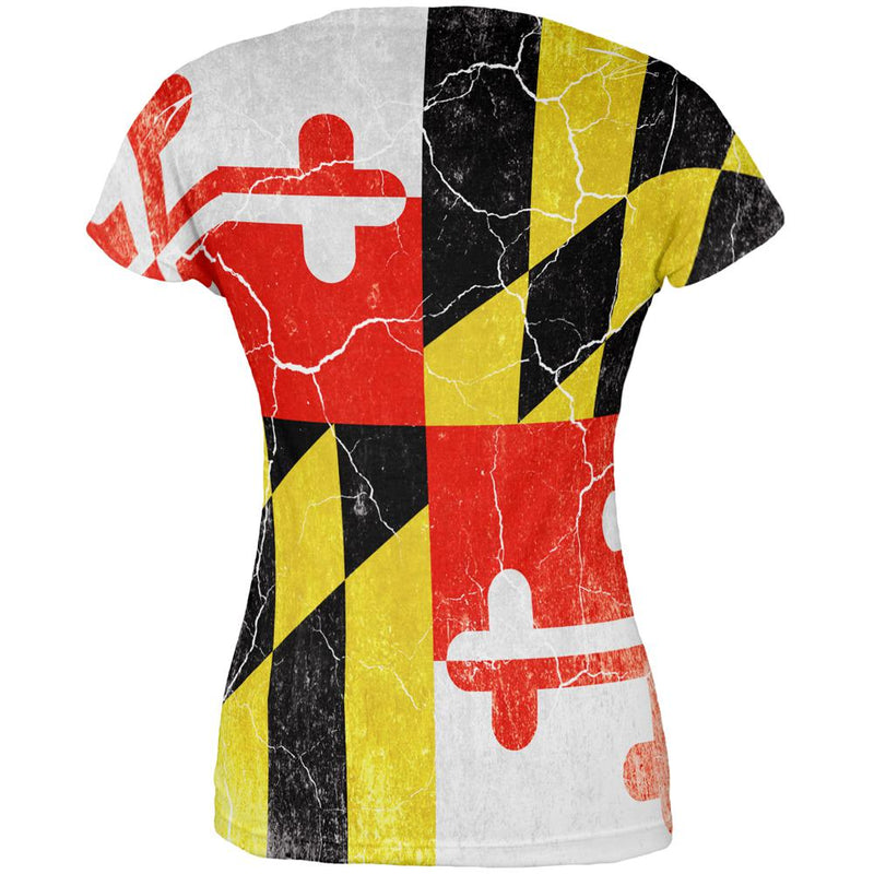 Maryland Vintage Distressed State Flag All Over Juniors T Shirt Juniors T-Shirts Old Glory   