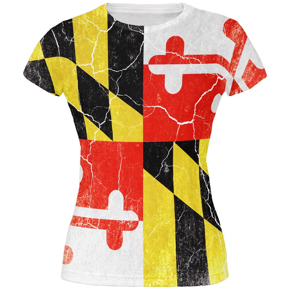 Maryland Vintage Distressed State Flag All Over Juniors T Shirt Juniors T-Shirts Old Glory 2XL Multi 