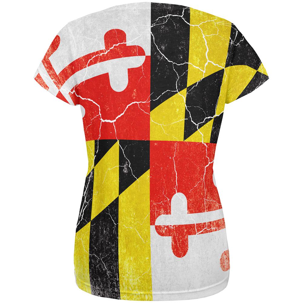 Maryland Vintage Distressed State Flag All Over Womens T Shirt Women's T-Shirts Old Glory   