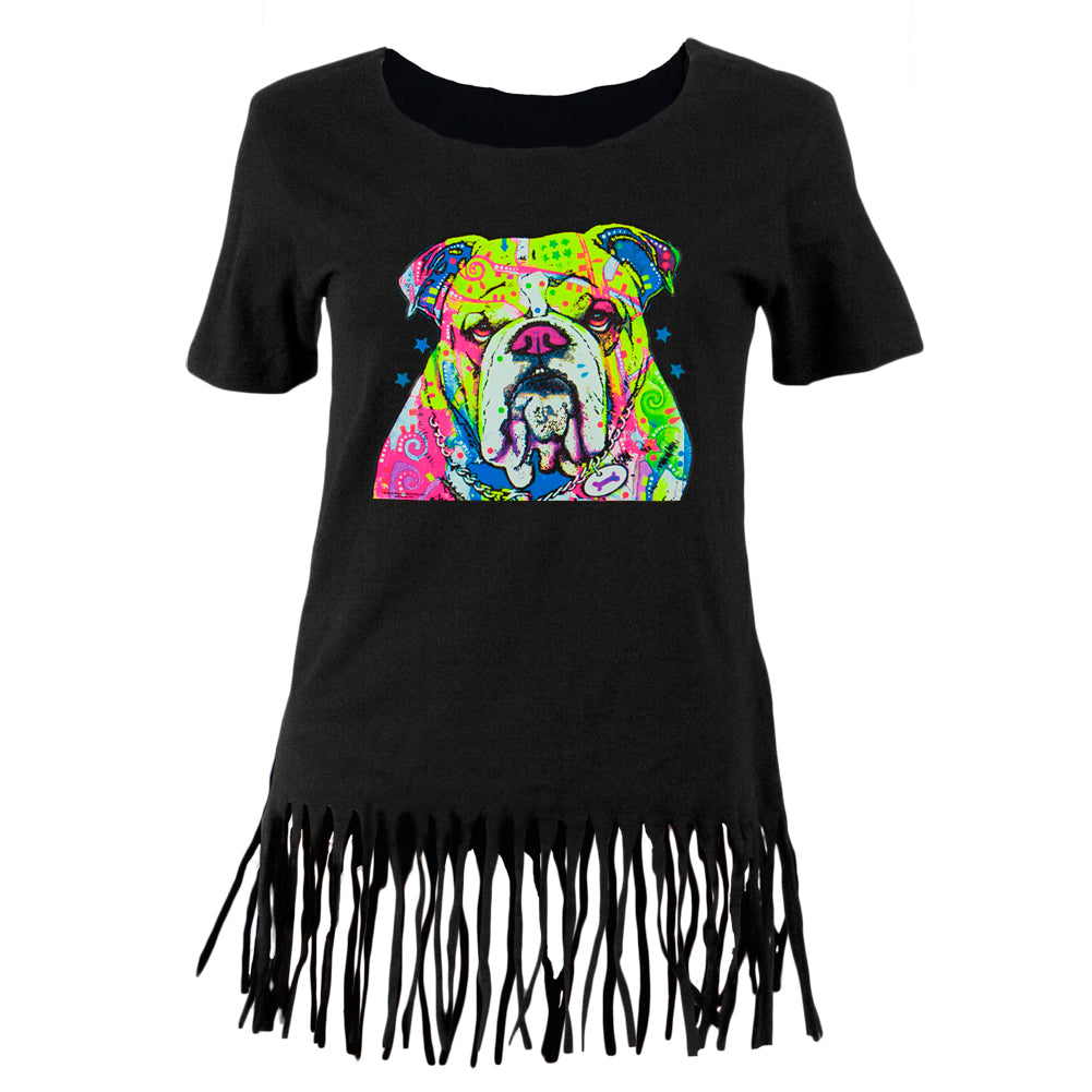 The Bulldog Neon Black Light Juniors Fringe Top Juniors T-Shirts Old Glory LG Black 