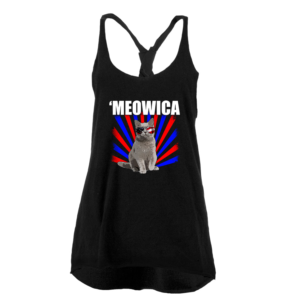 Cat 4th of July Meowica Juniors Twist Tank Top Juniors Tank Tops 4th of July LG Black 