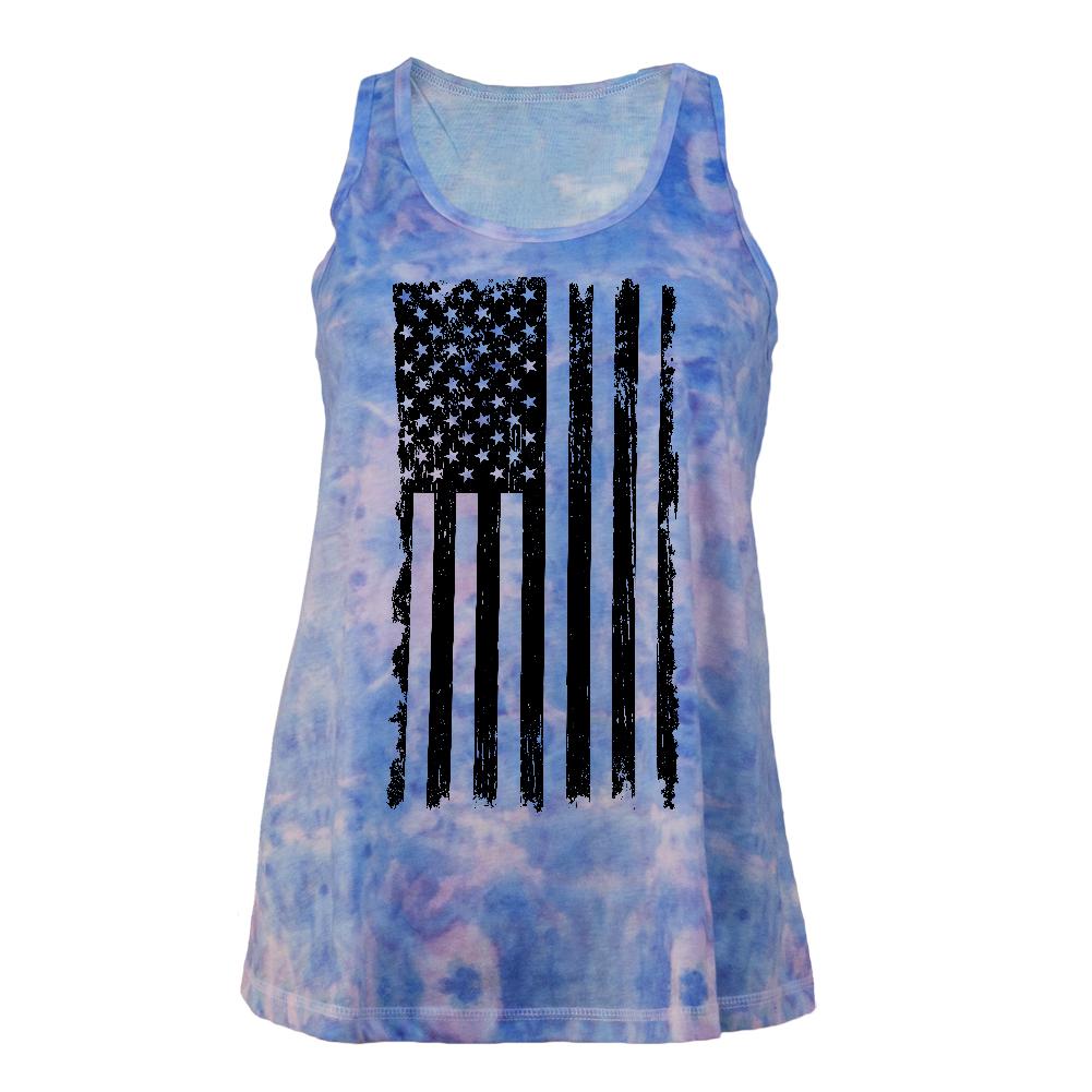 July 4th Distressed Black And White Vertical American Flag Juniors Tie Dye Tank Top Juniors Tank Tops Old Glory LG Multi 