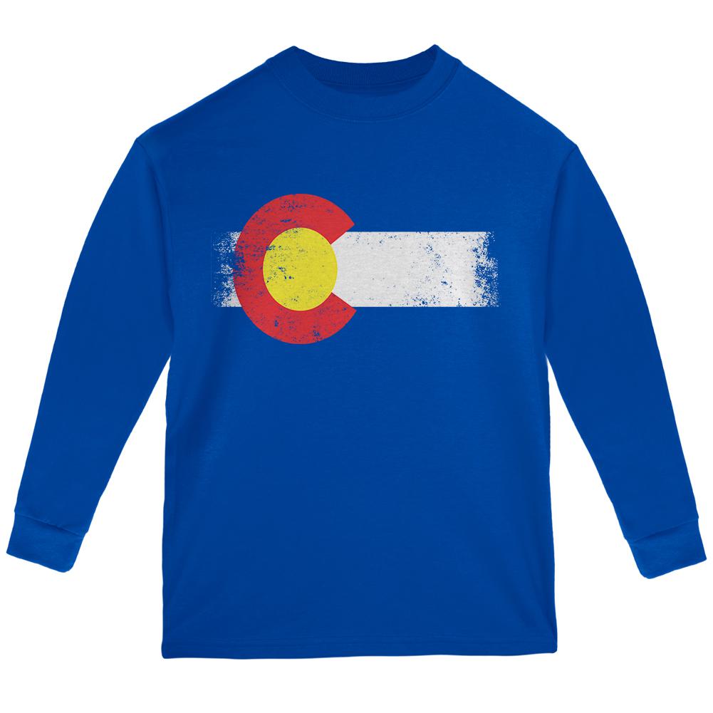 Born and Raised Colorado State Flag Youth Long Sleeve T Shirt Youth Long Sleeves Old Glory LG Royal 