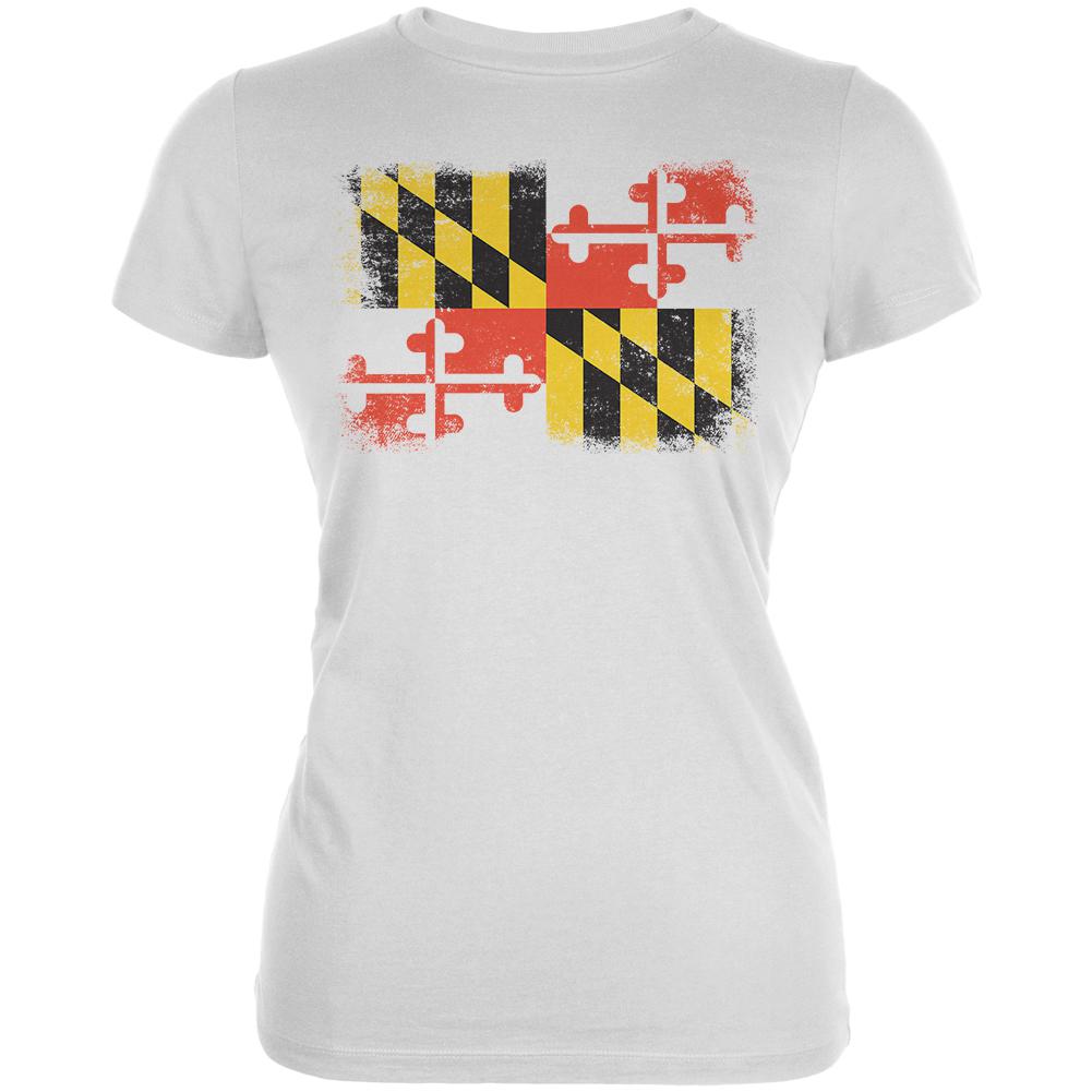 Born and Raised Maryland State Flag Juniors Soft T Shirt Juniors T-Shirts Old Glory 2XL White 