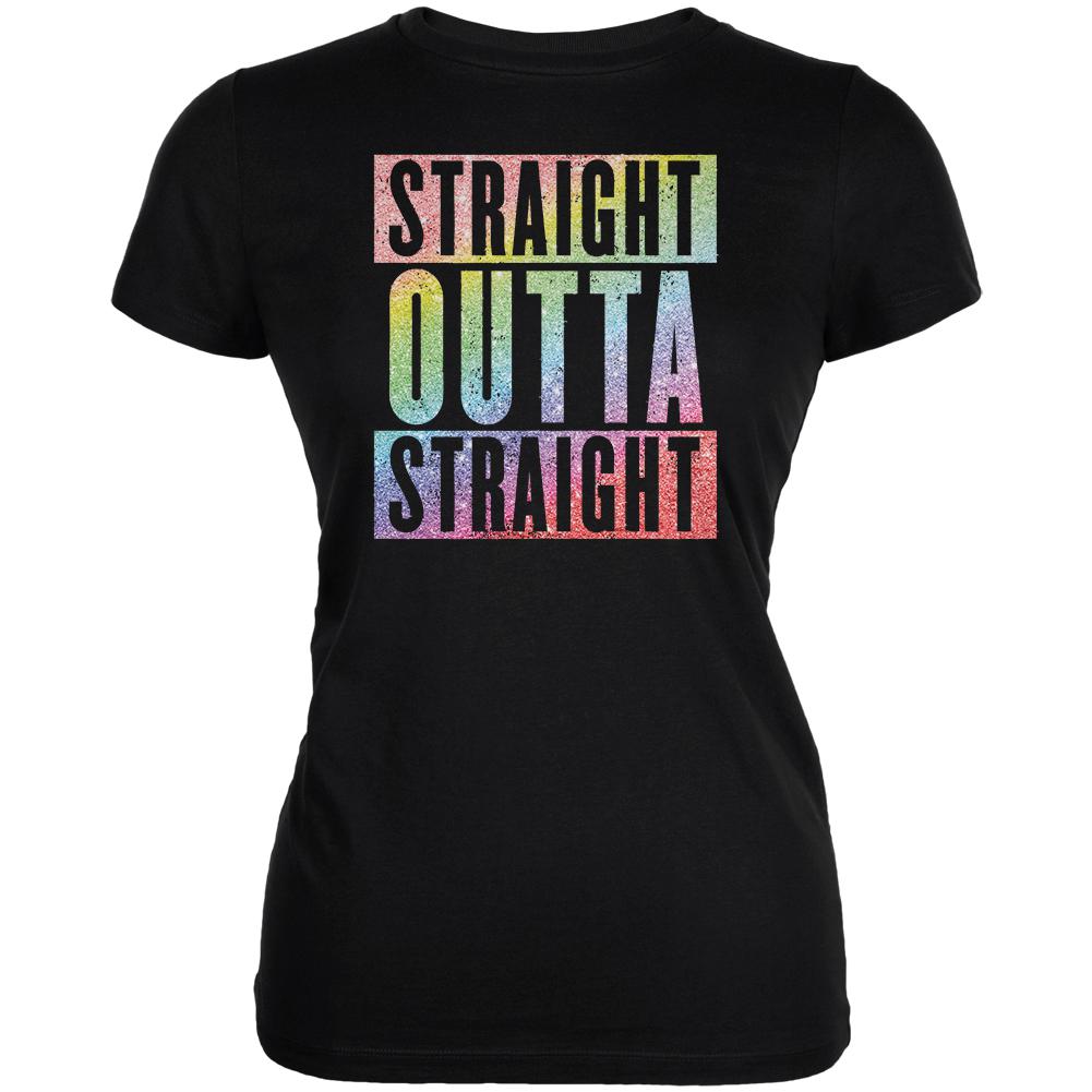 LGBTQ Straight Outta Straight Rainbow Glitter Juniors Soft T Shirt Juniors T-Shirts Old Glory 2XL Black 