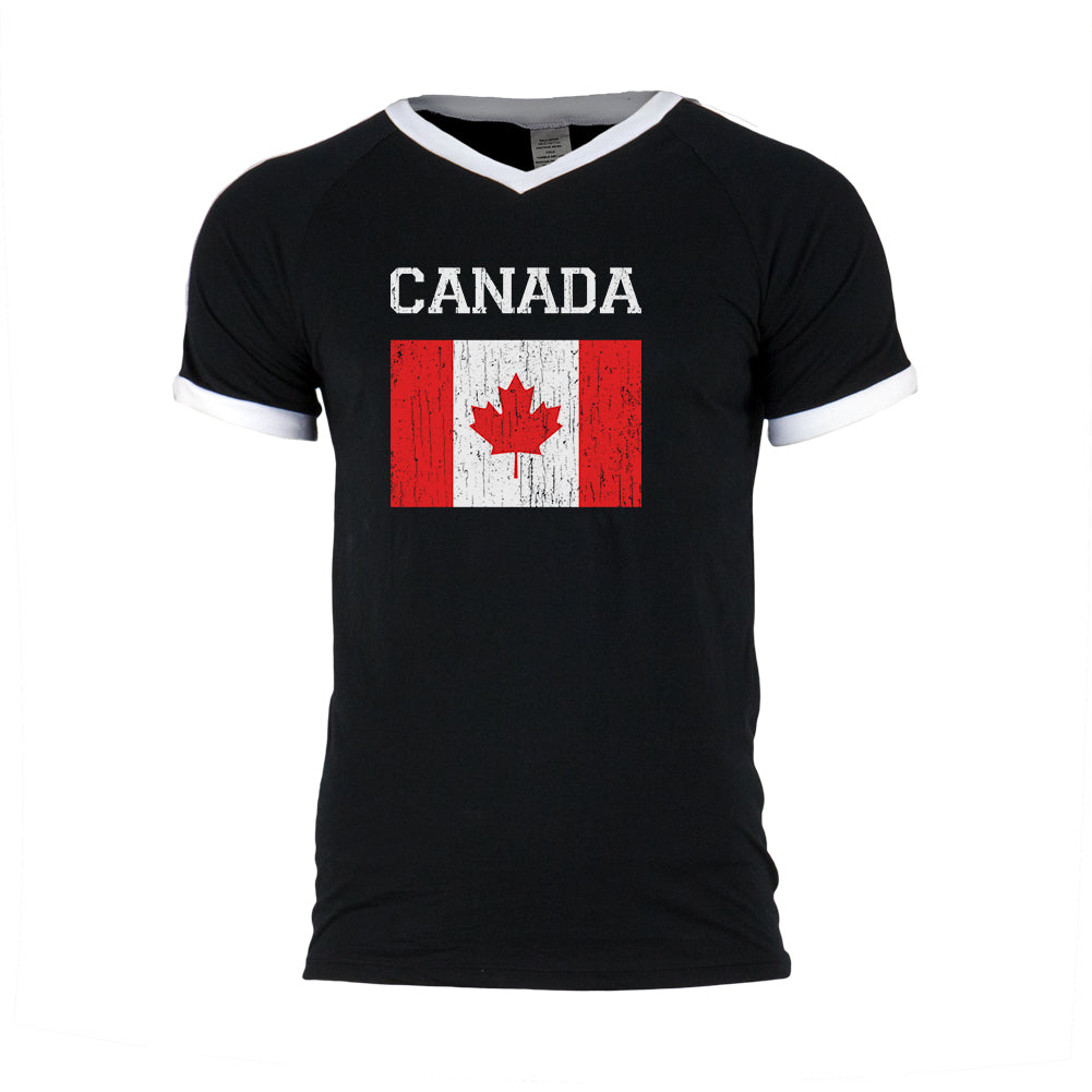 World Cup Distressed Flag Canada Mens Soccer Jersey V-Neck T-Shirt Men's T-Shirts Old Glory 2XL Black 