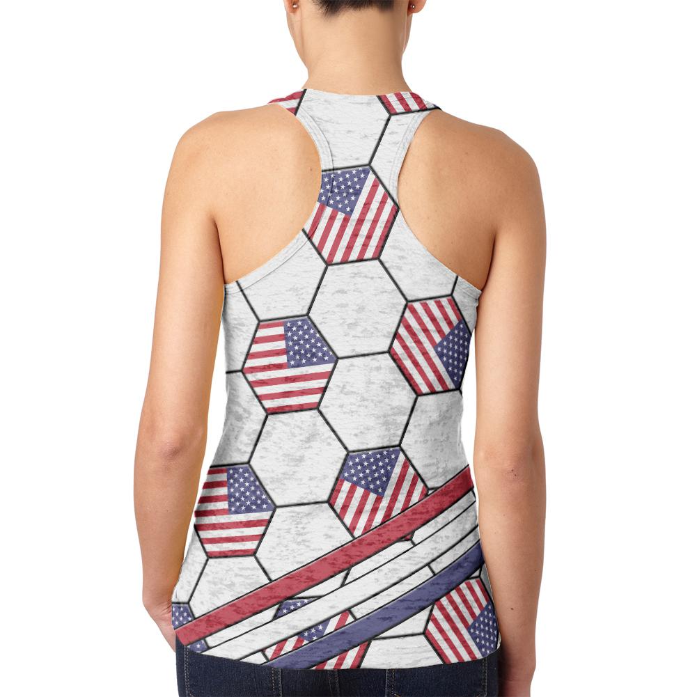 4th of July USA World Cup Soccer Ball Juniors Burnout Racerback Tank Top Juniors Tank Tops Old Glory   