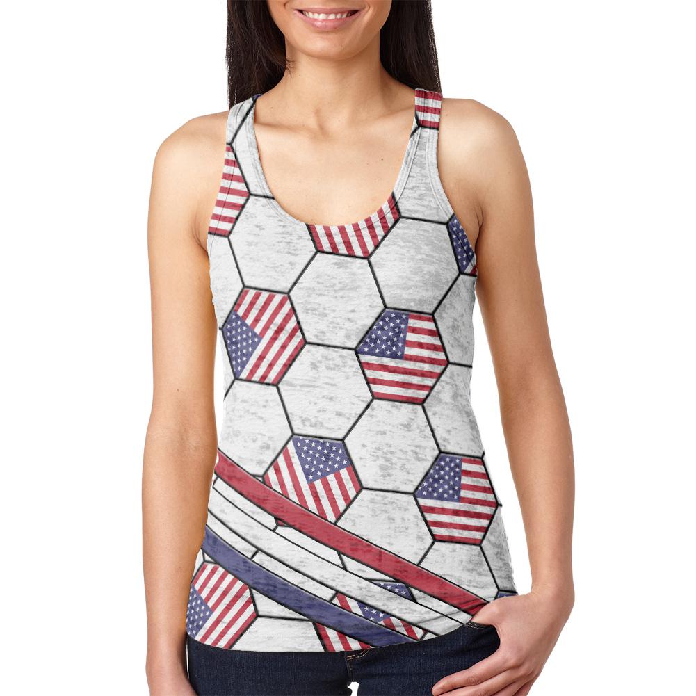 4th of July USA World Cup Soccer Ball Juniors Burnout Racerback Tank Top Juniors Tank Tops Old Glory 2XL Multi 