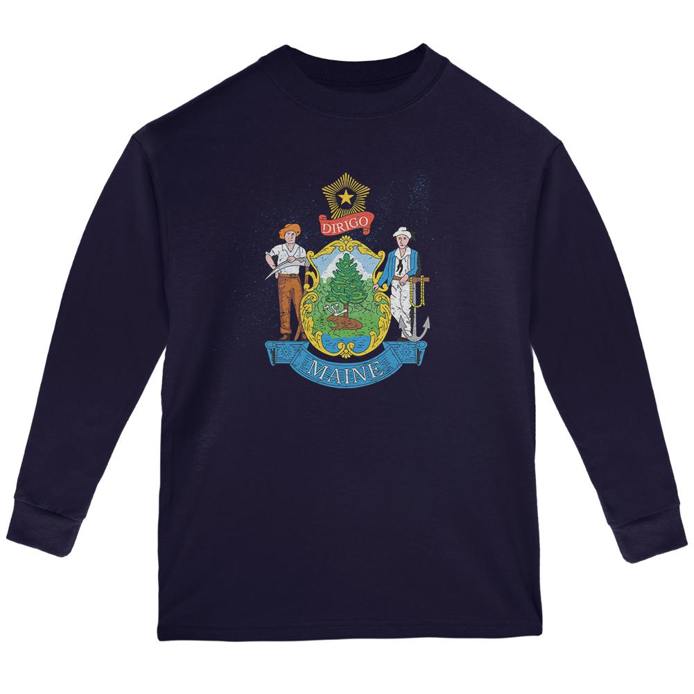 Born and Raised Maine State Flag Youth Long Sleeve T Shirt Youth Long Sleeves Old Glory LG Navy 