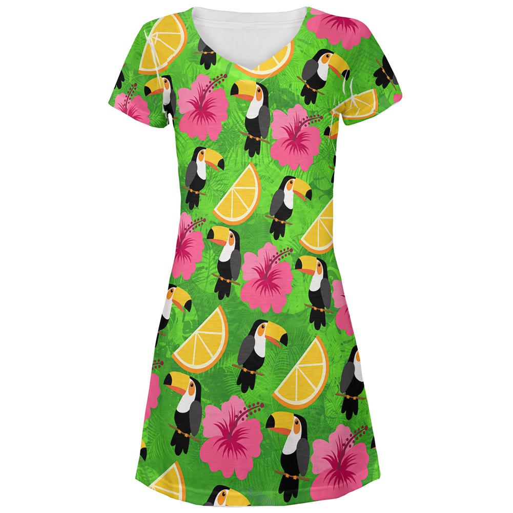 Tropical Vacation Toucan Pattern All Over Juniors Beach Cover-Up Dress Juniors Dresses Old Glory LG Multi 