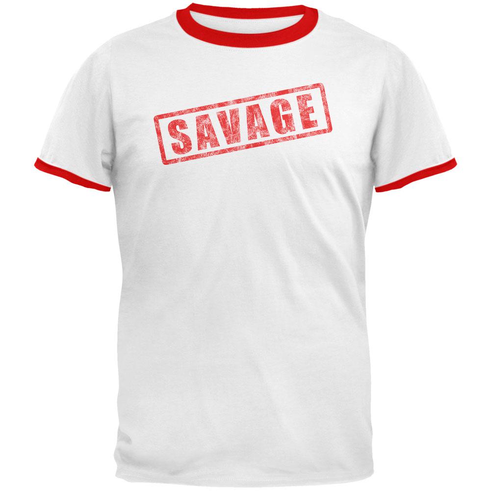 Savage Stamp Red Mens Ringer T Shirt Men's T-Shirts Old Glory LG White-Red 