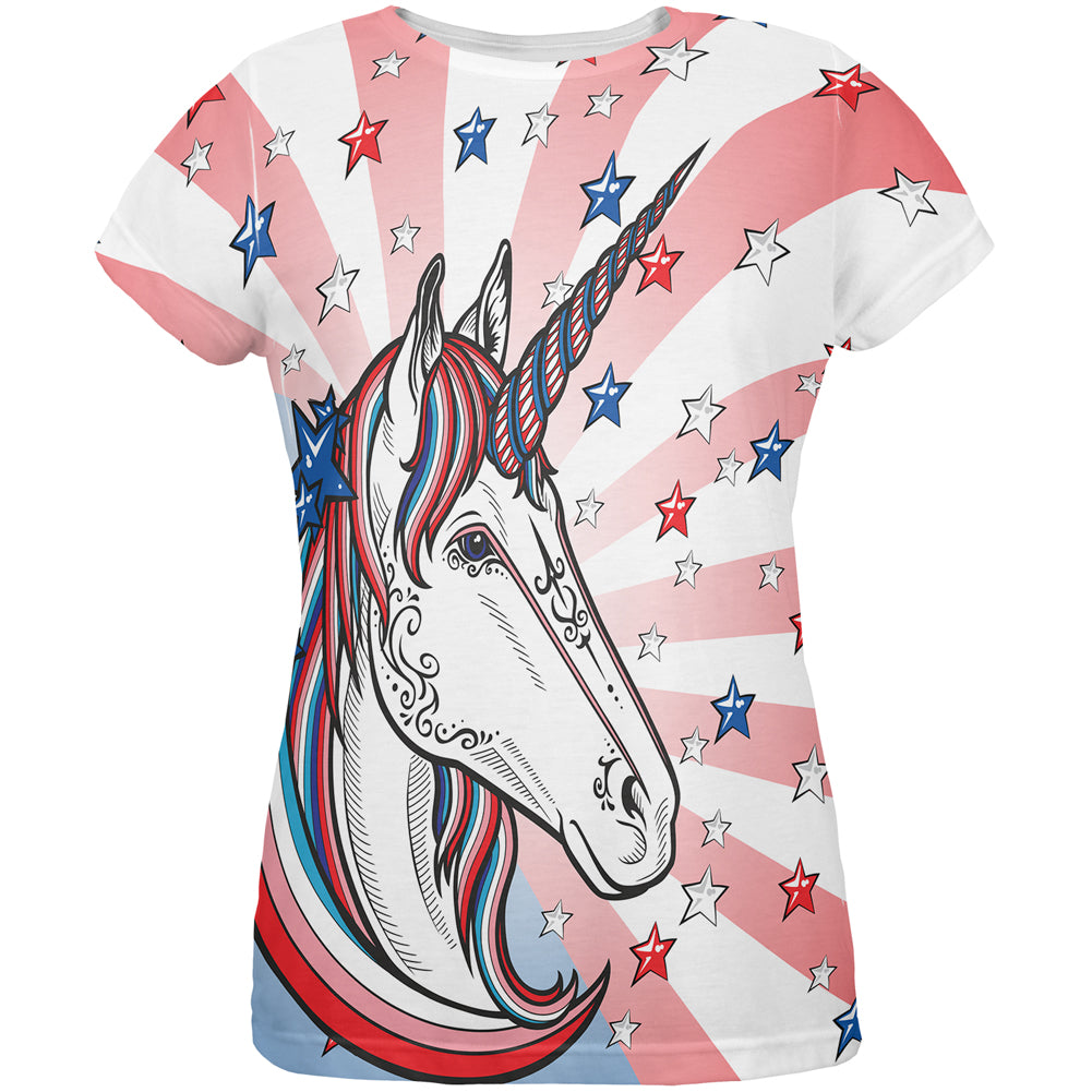 4th of July Freedom is Magical Unicorn All Over Womens T Shirt Women's T-Shirts 4th of July LG Multicolor 