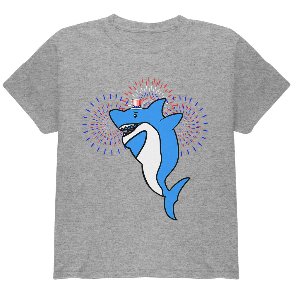 4th Of July Dabbing Shark Fireworks Youth T Shirt Youth T-Shirts 4th of July YLG Heather 