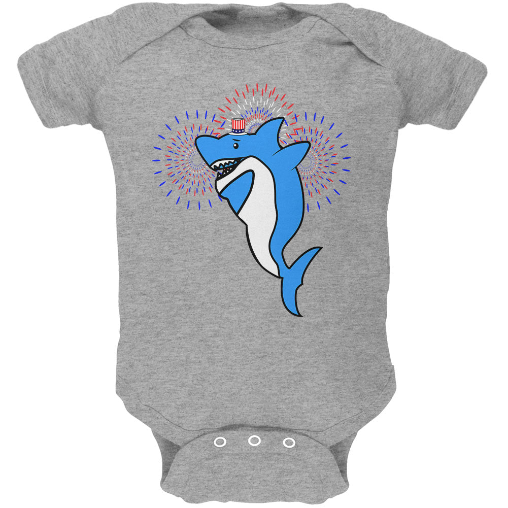 4th Of July Dabbing Shark Fireworks Soft Baby One Piece Baby One Piece 4th of July 0-3M Heather 