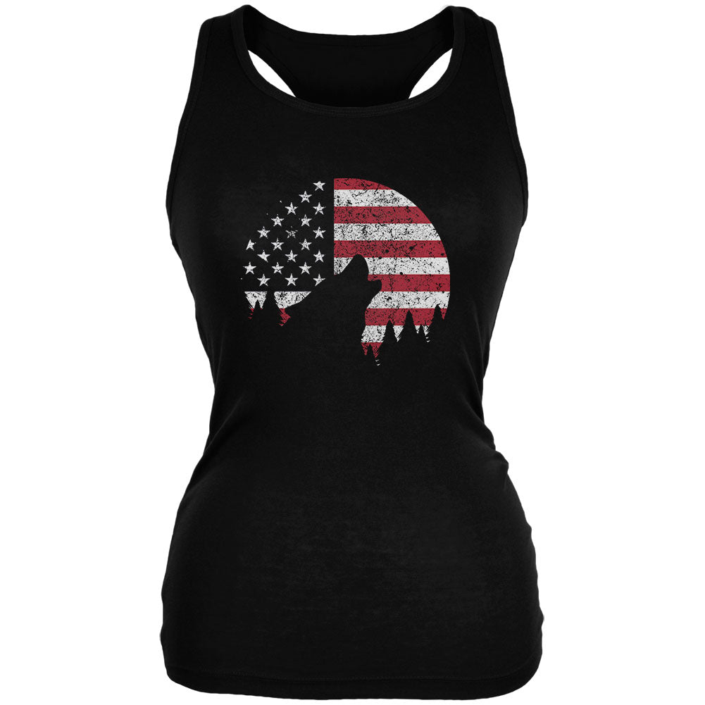 4th Of July Wolf Silhouette Flag Moon Juniors Soft Tank Top Juniors Tank Tops 4th of July 2XL Black 