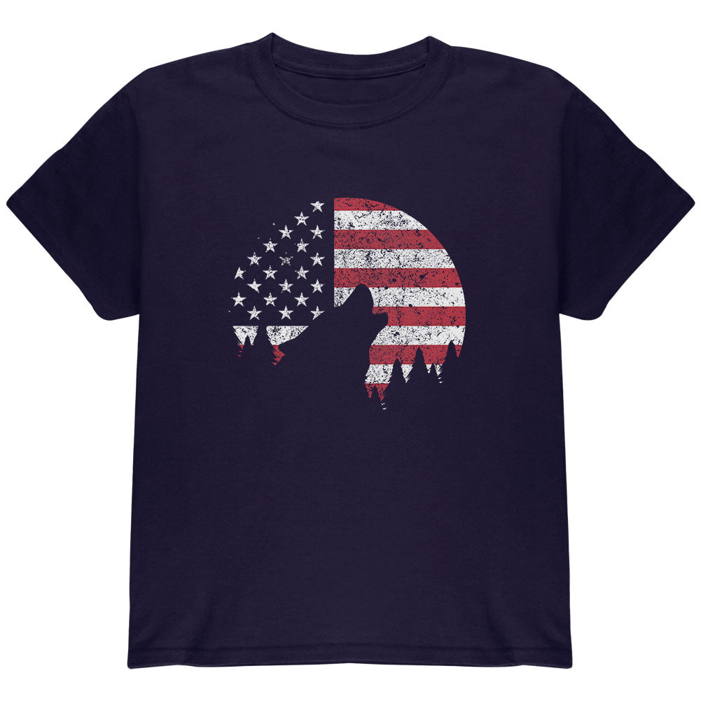 4th Of July Wolf Silhouette Flag Moon Youth T Shirt Youth T-Shirts 4th of July YLG Navy 