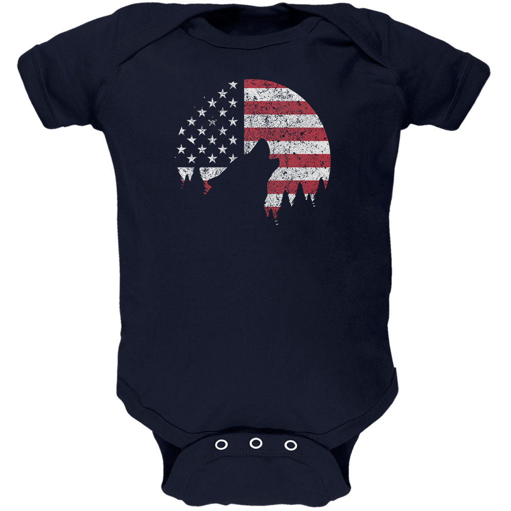 4th Of July Wolf Silhouette Flag Moon Soft Baby One Piece Baby One Piece 4th of July 0-3M Navy 