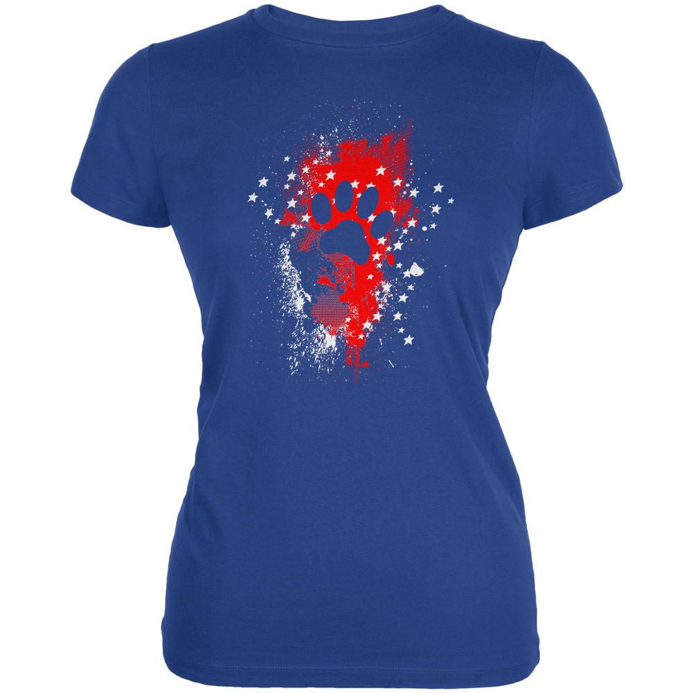 4th of July Puppy Dog Paw Print Stars and Splatters Juniors Soft T Shirt Juniors T-Shirts 4th of July 2XL Royal 