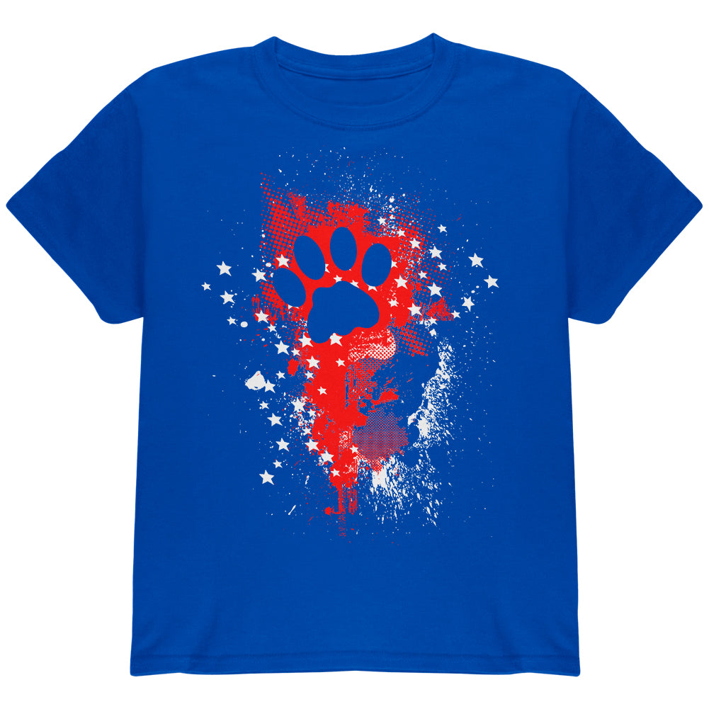 4th of July Kitty Cat Paw Print Stars and Splatters Youth T Shirt Youth T-Shirts 4th of July YLG Royal 