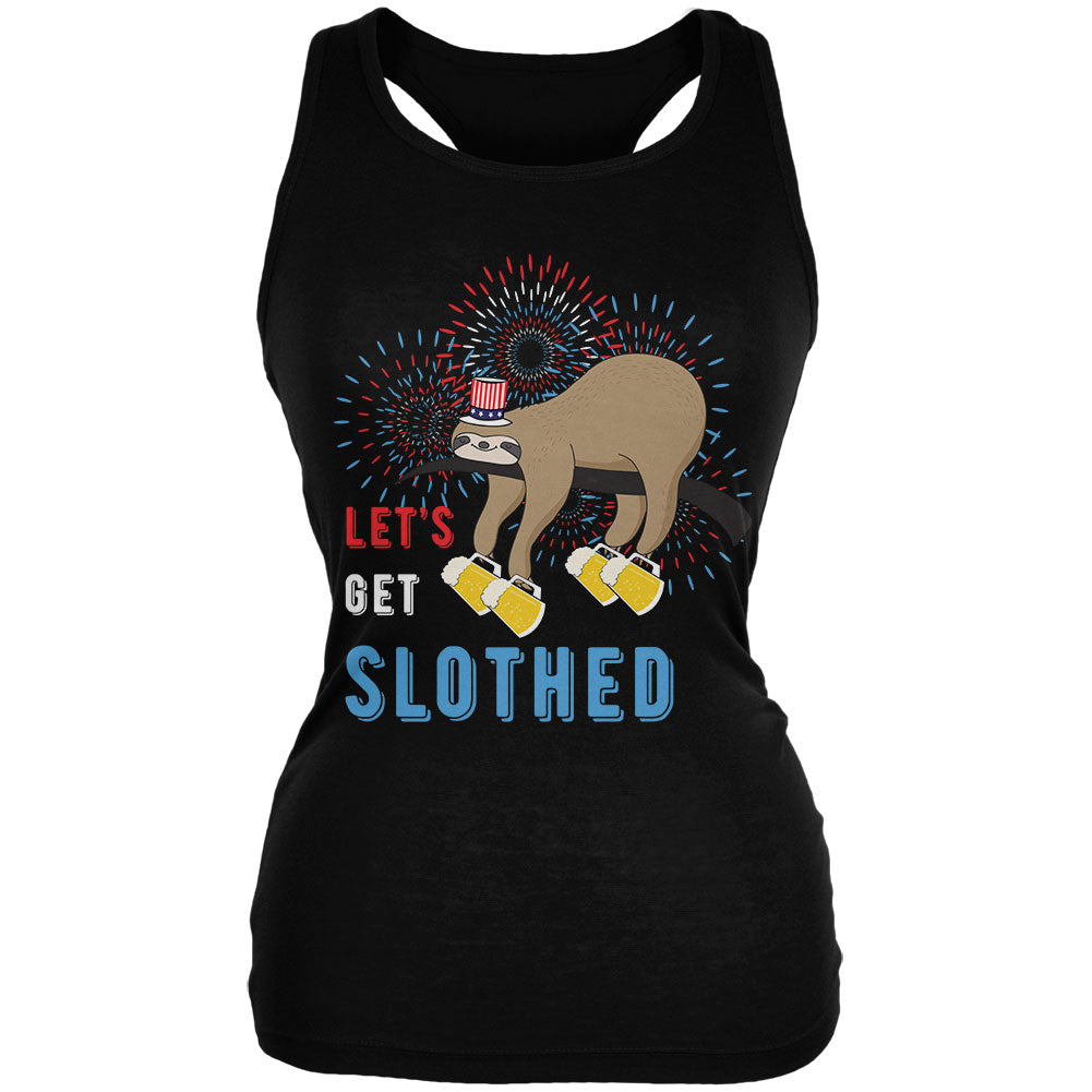 4th of July Beer Drinking Sloth Let's Get Slothed Juniors Soft Tank Top Juniors Tank Tops 4th of July 2XL Black 