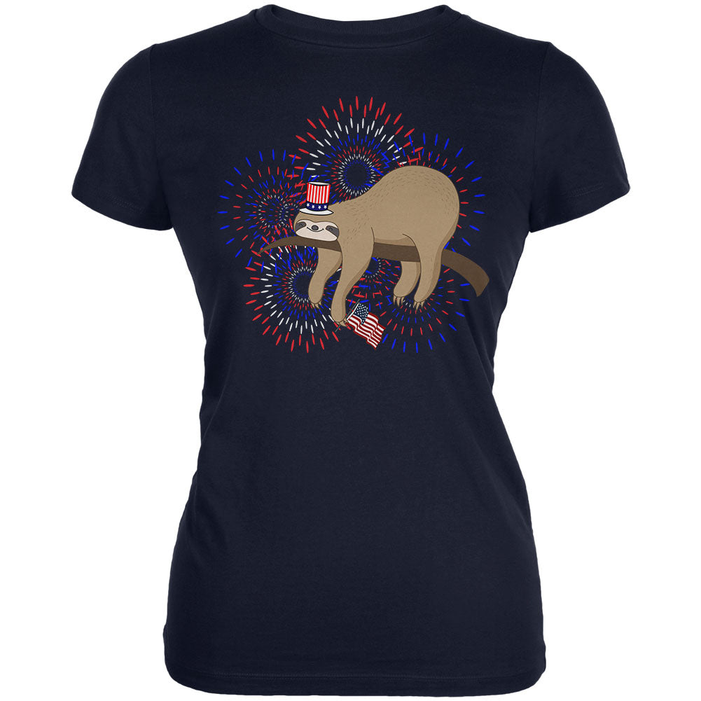 4th Of July Sloth Patriotic Cute Fireworks Juniors Soft T Shirt Juniors T-Shirts 4th of July 2XL Navy 