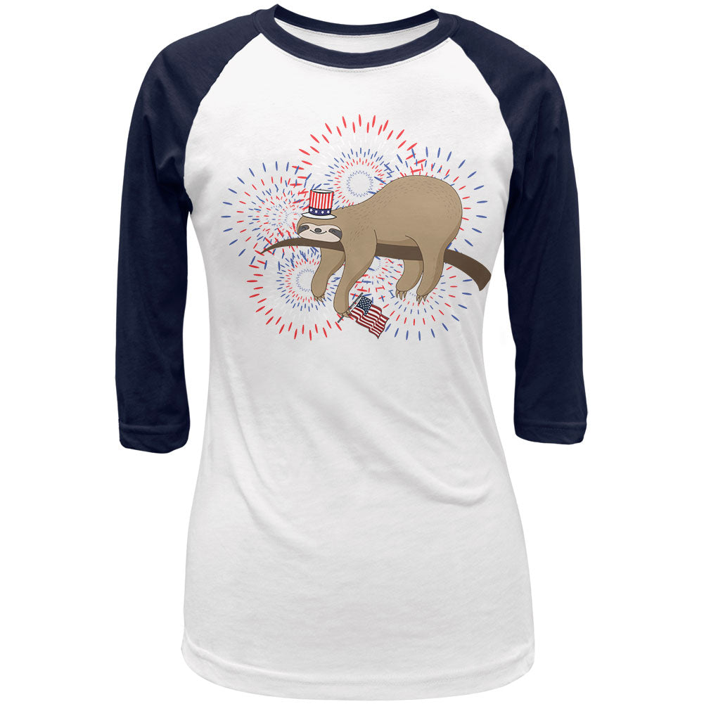 4th Of July Sloth Patriotic Cute Fireworks Juniors 3/4 Raglan T Shirt Juniors T-Shirts 4th of July 2XL White-Navy 