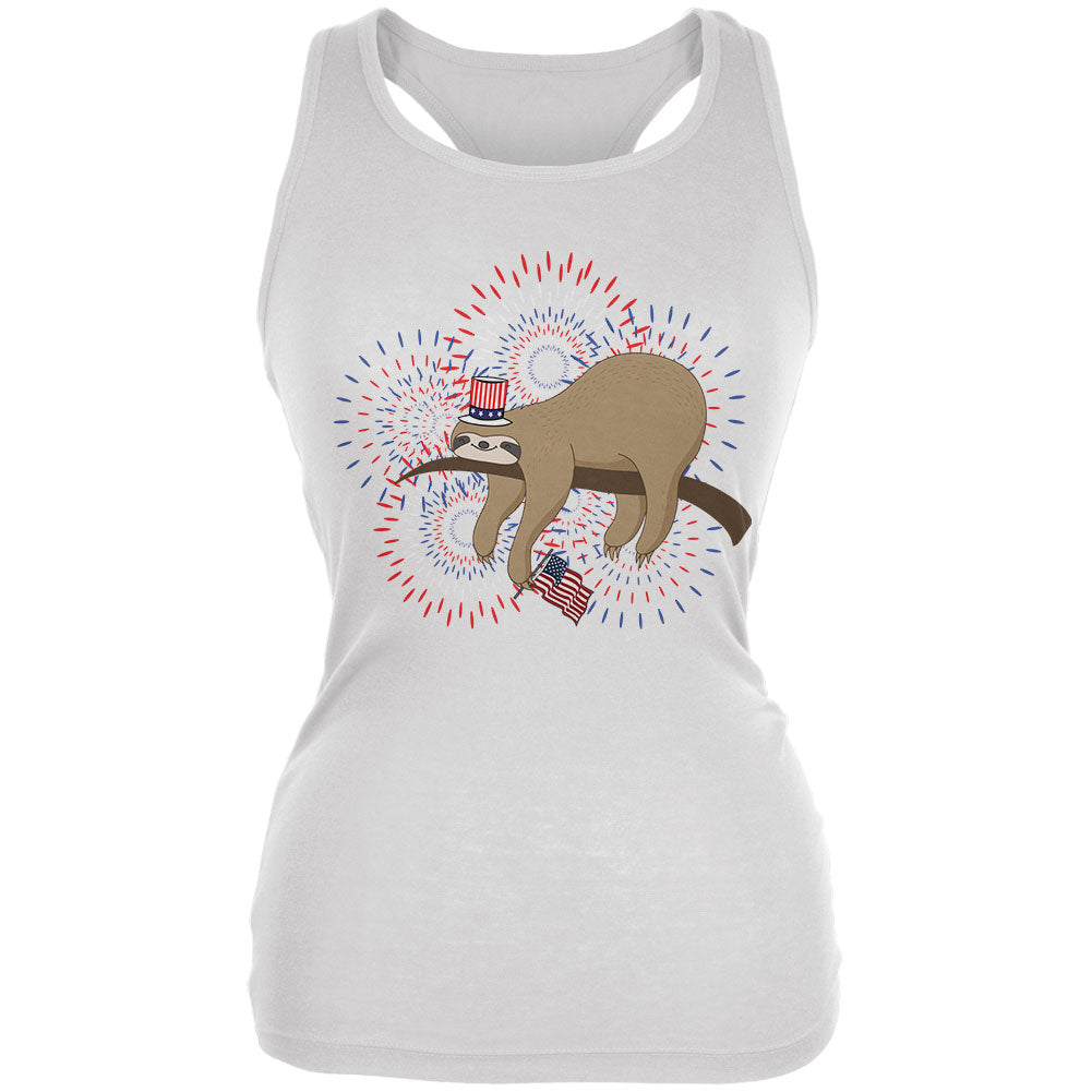 4th Of July Sloth Patriotic Cute Fireworks Juniors Soft Tank Top Juniors Tank Tops 4th of July 2XL White 