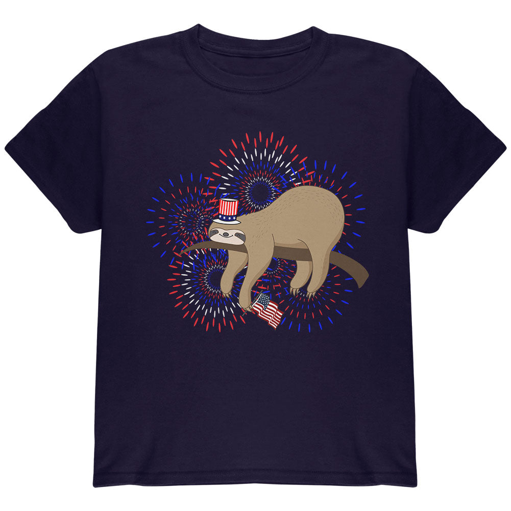 4th Of July Sloth Patriotic Cute Fireworks Youth T Shirt Youth T-Shirts 4th of July YLG Navy 