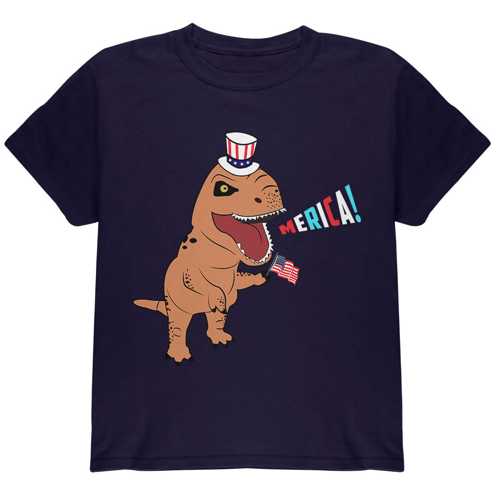 4th Of July Merica Patriotic T-Rex Dinosaur Youth T Shirt Youth T-Shirts 4th of July YLG Navy 