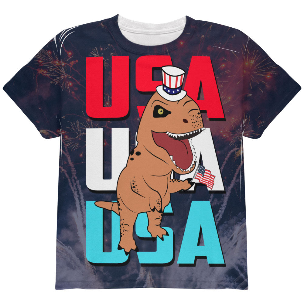 4th Of July USA Patriotic T-Rex All Over Youth T Shirt Youth T-Shirts 4th of July YLG Multicolor 