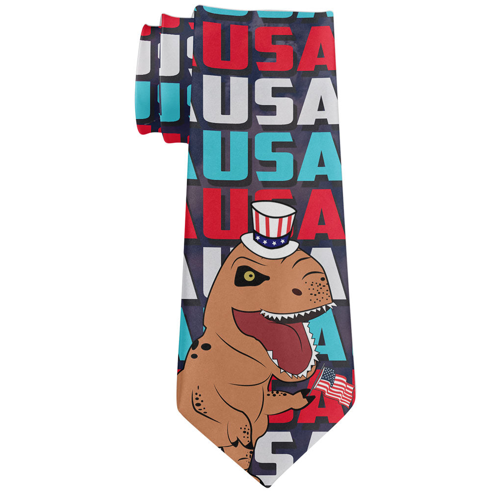 4th Of July USA Patriotic T-Rex All Over Neck Tie Ties 4th of July OS Multicolor 