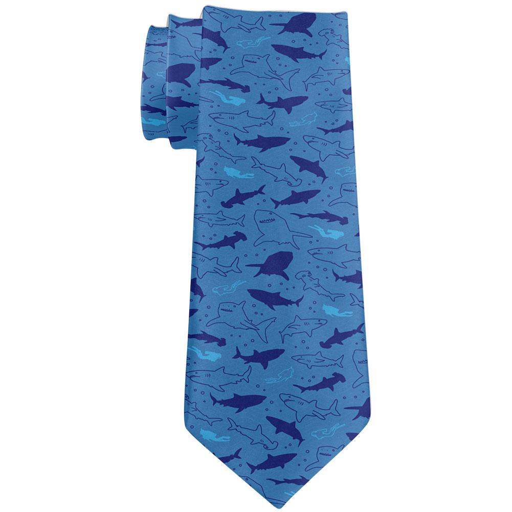 Shark Sharks Outline Repeat Pattern All Over Neck Tie Men's Neck Ties Old Glory OS Blue 