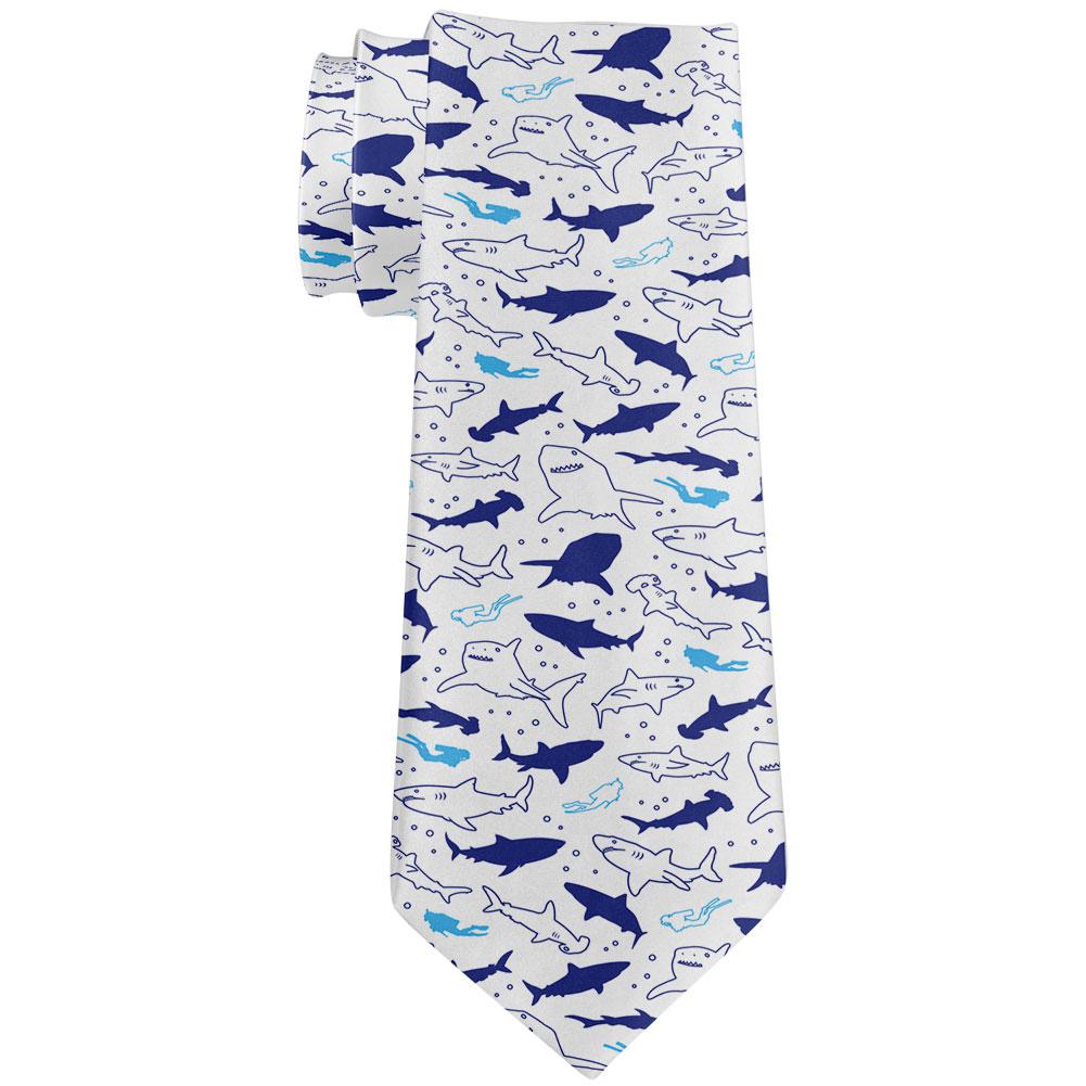 Shark Sharks Outline Repeat Pattern All Over Neck Tie Men's Neck Ties Old Glory OS White 