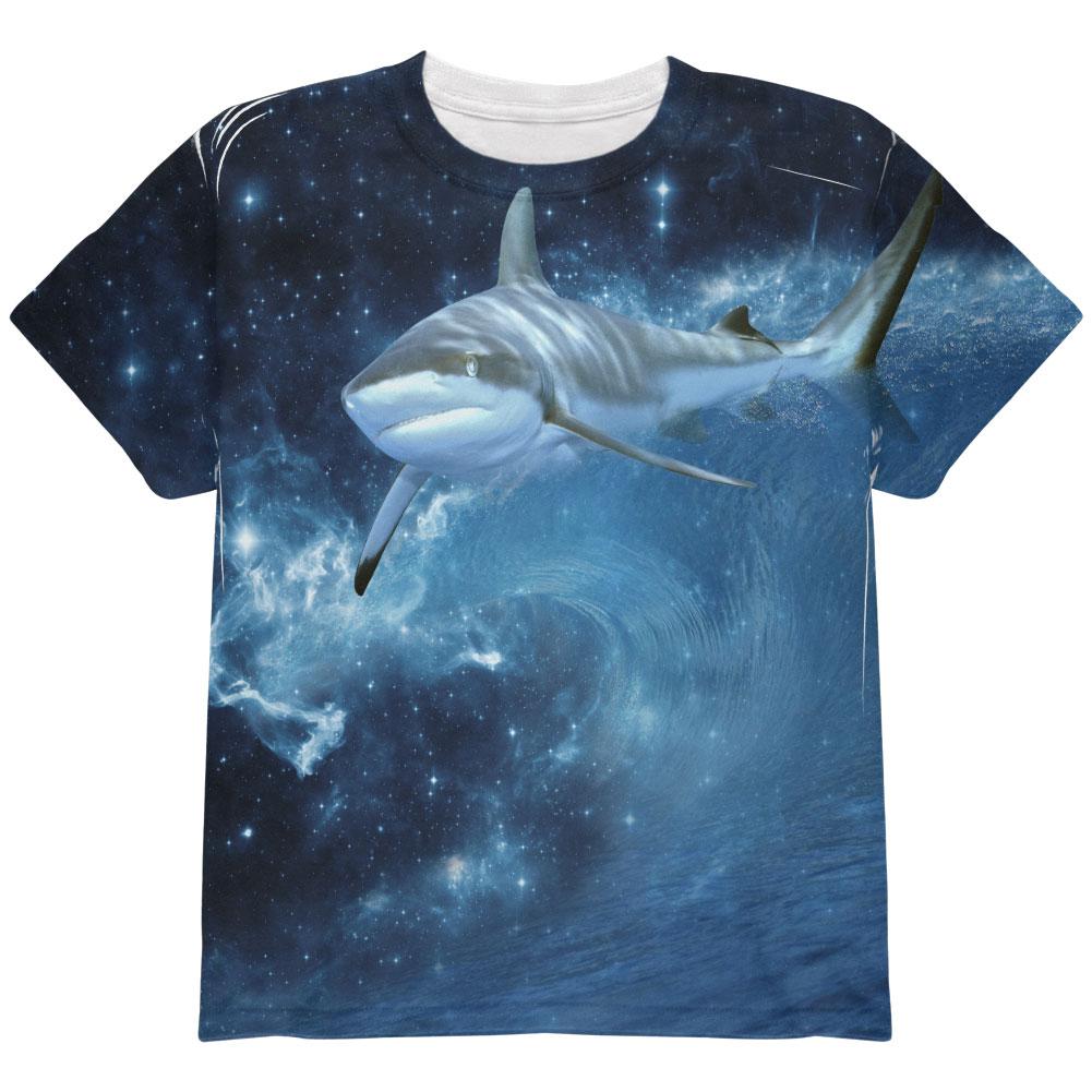 Shark Swimming in Space Galaxy All Over Youth T Shirt Youth T-Shirts Old Glory LG Multi 