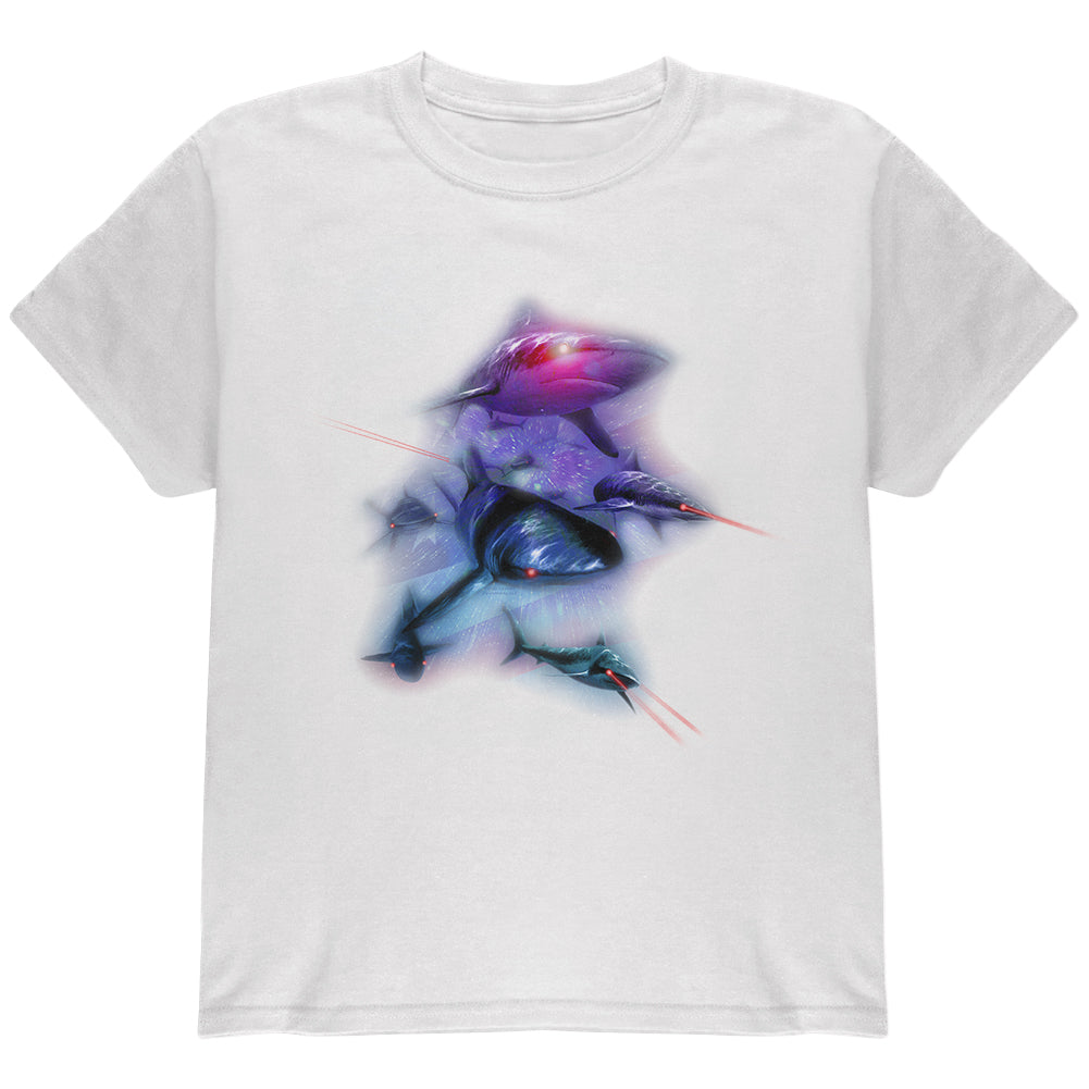 4th of July Patriotic American Galaxy Laser Sharks Youth T Shirt Youth T-Shirts 4th of July YLG White 