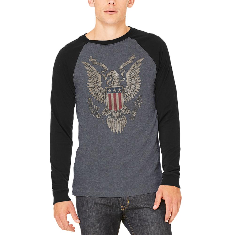 4th July Born Free Vintage American Bald Eagle Adult Long Sleeve Raglan T-Shirt Men's Long Sleeves Old Glory 2XL Heather Black-Black 