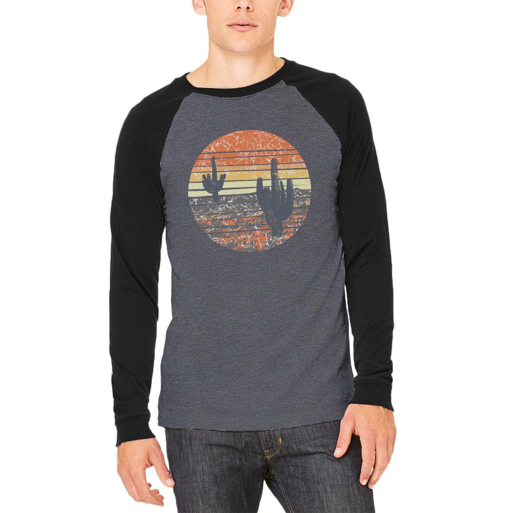 Vintage Cactus Sunset Adult Long Sleeve Raglan T-Shirt Men's Long Sleeves Old Glory 2XL Heather Black-Black 